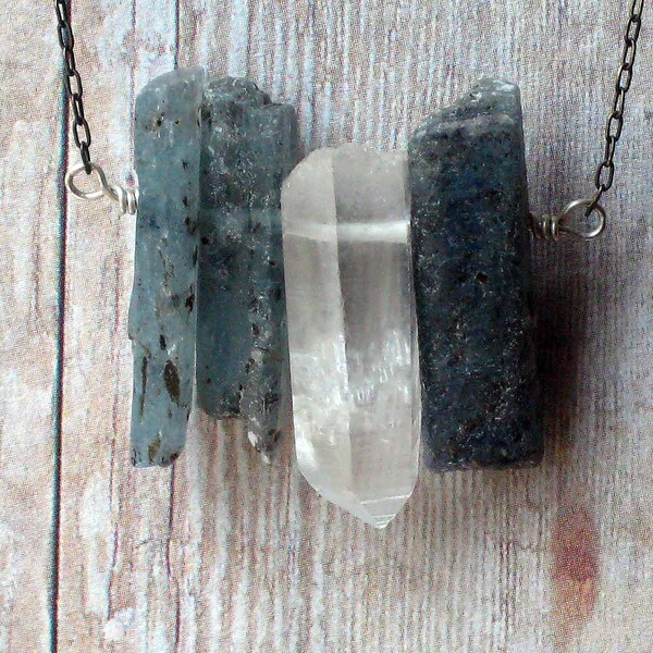 Crystal Point and Raw Blue Kyanite Shards Necklace Rocks and Minerals Specimens Oxidized Sterling Silver Unisex Gemstone Pendant Gift Box