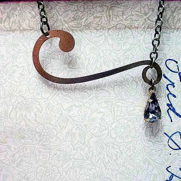 Evangeline Scroll Necklace  Ornate Gold Brass Flourish  Stormy Gray Vintage Swarovski Crystal Dangle  Feminine  Gift Box