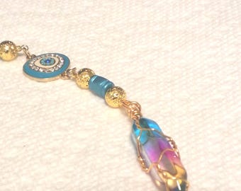 Magical pendulum, crystal focal, stone cross, acrylic and stone beads. 10.5 inches long. 118