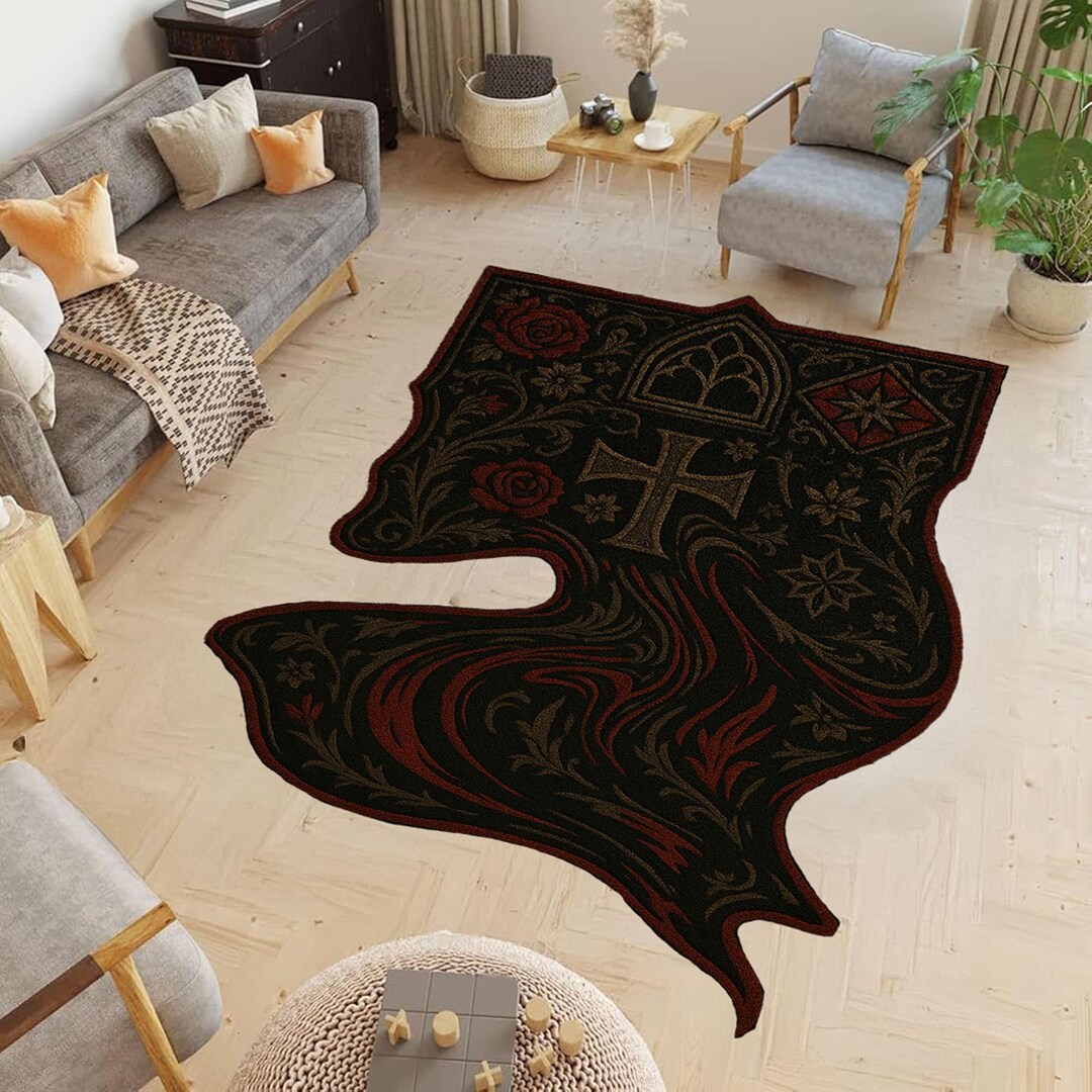 Church Rug Gothic Church Window Rug – Dark Floral & Cross Design,medieval Shape ...