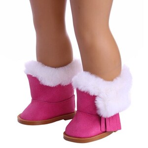 Doll Accessories-White Fur Trimmed Pink  Faux Suede Boots fit 18&quot; AMERICAN Dolls-Boots to Fit 18&quot; AMERICAN Dolls