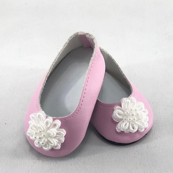 American Doll Accessories-Doll Shoes-Made to fit 18" AMERICAN  Dolls, White Flower Trimmed Pink Shoes Fit 18" American Dolls