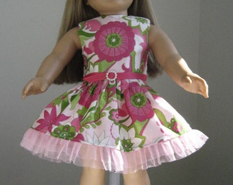 Doll Clothes-Made to fit 18" AMERICAN  Dolls, Pink and Green Floral Dress, Fits AMERICAN DOLLS