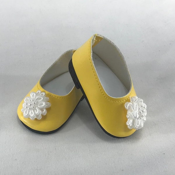 American Doll Accessories-Doll Shoes-Made to fit AMERICAN GIRL DOLLS, White Flower Trimmed Yellow Shoes Fit 18" American Dolls