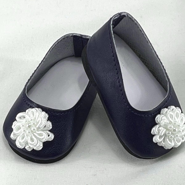 Made to fit 18" AMERICAN  Dolls-Made to fit AMERICAN DOLLS, White Flower Trimmed Navy Blue Shoes Fit 18" American Dolls