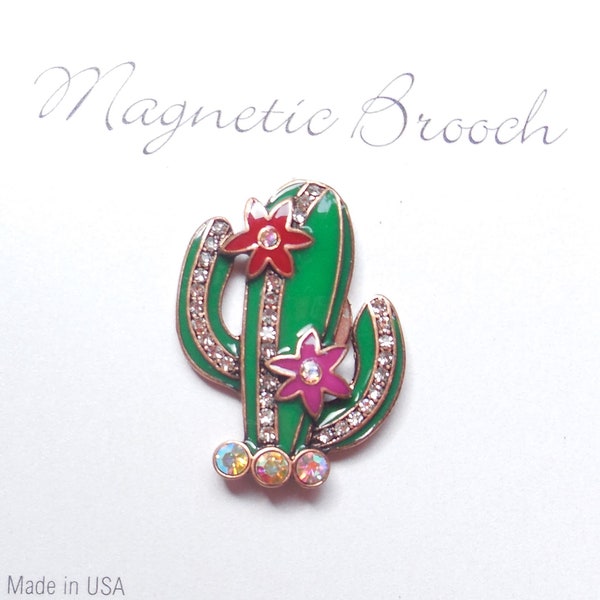Magnetic Brooch Clip Clasp Pin Gold Finish Metal Southwest Cactus Enameled Metal with Clear Rhinestones Accessory Scarves Shawl