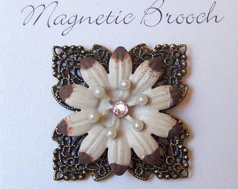 Magnetic Brooch Clip Clasp Pin Brushed Beige Finish Metal Flower Swarovski Crystal Accessory Scarves Shawl