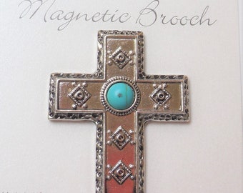 Magnetic Brooch Clip Clasp Pin Silver Finish Metal Southwest Cross Faux Turqouise Center Accessory Scarves Shawl