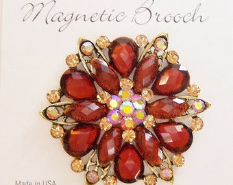 Magnetic Brooch Clip Clasp Pin Amber Glass Rhinestones Flower Shape Metal Accessory Scarves Shawl