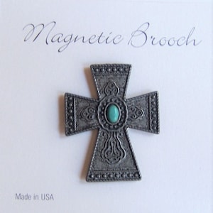 Magnetic Brooch Clip Clasp Pin  Rustic Silver Tone Metal Turquoise Acrylic Center Accessory Scarves Shawl