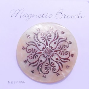 Magnetic Brooch Clip Clasp Pin White Lip Shell Round with Gold Foil Design Accessory Scarves Shawl