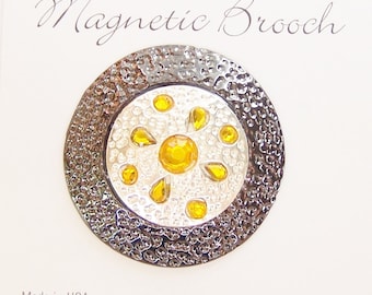Magnetic Brooch Clip Clasp Pin Round Gunmetal Gray / Silver Tone with Gold Glass Rhinestones Accessory Scarves Shawl