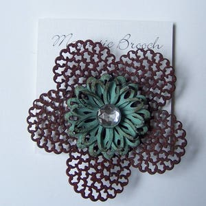 Magnetic Brooch Clip Clasp Pin Turqoise / Copper Petina Finish Metal Flower Accessory Scarves Shawl