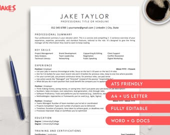 Minimale ATS CV-sjabloon voor Google Documenten, Word CV, ATS-compatibele CV-sjabloon, professionele executive minimalistische CV-sjabloon