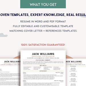 May include: A mock-up of a CV template with the text "Proven Templates, Expert Knowledge, Real Results" at the top. The CV template is for Jack Williams and includes a professional summary, key skills, and experience sections. The text "100% Satisfaction Guaranteed!" is at the bottom of the image.