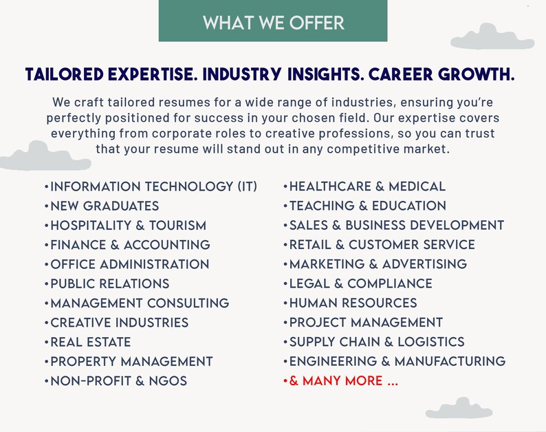 May include: A blue and white graphic with the text "WHAT WE OFFER" in a teal box. The text "TAILORED EXPERTISE. INDUSTRY INSIGHTS. CAREER GROWTH." is in a larger font size. The graphic lists a variety of industries that the company provides resume writing services for, including Information Technology, Healthcare & Medical, Teaching & Education, Sales & Business Development, Retail & Customer Service, Marketing & Advertising, Legal & Compliance, Human Resources, Project Management, Supply Chain & Logistics, Engineering & Manufacturing, and more.
