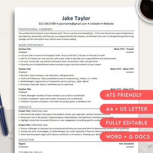 May include: A resume template with the text "ATS Friendly", "A4 + US Letter", "Fully Editable", and "Word + G Docs" in red boxes. The template is designed to help job seekers create a professional CV.