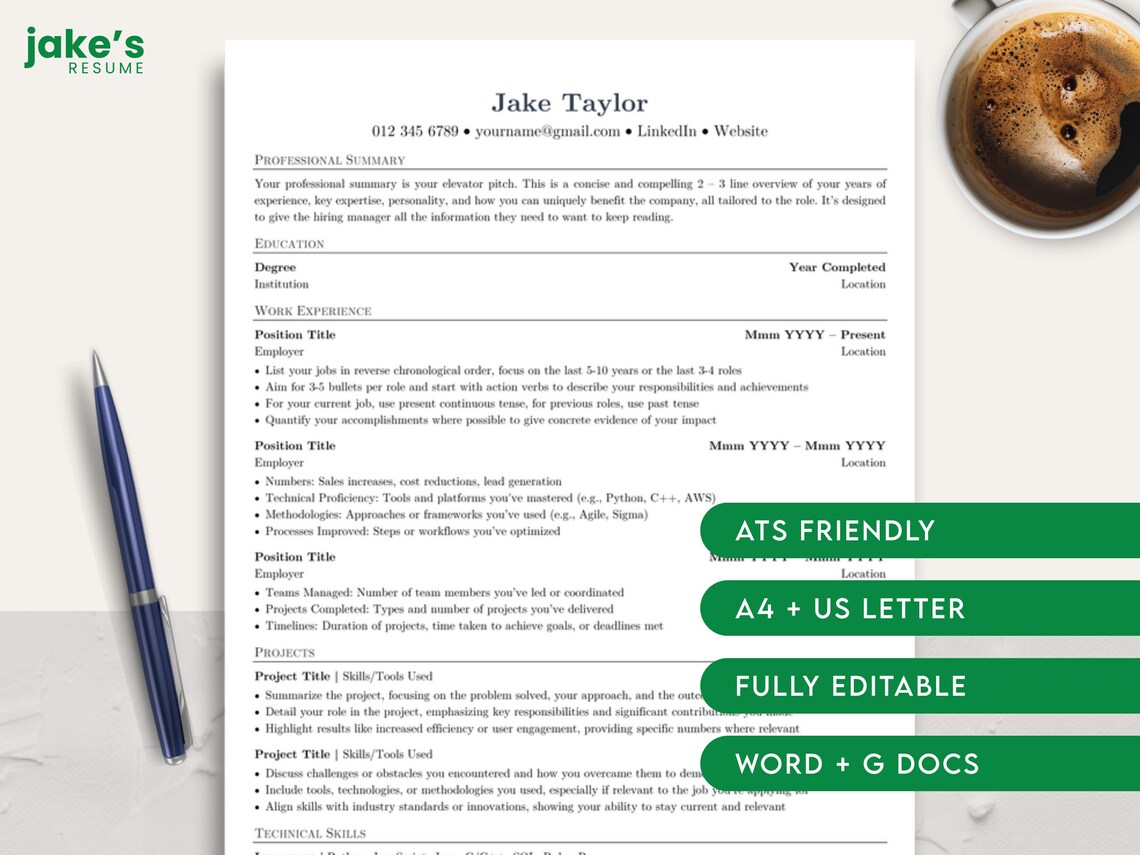 Jake's Resume Word DOCX Google Docs Template | IT, Tech, Software ...