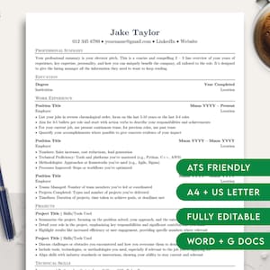 Szablon CV Jake'a w formacie Word DOCX Google Docs | CV dla informatyków, techników, programistów oprogramowania, inżynierów | Natychmiastowe pobranie | Proste i nowoczesne, przyjazne dla systemu ATS