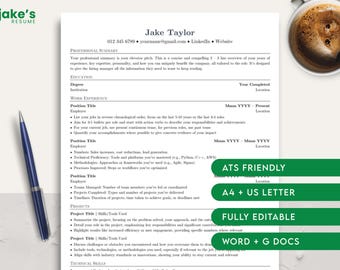 Jake's Resume Word DOCX Google Docs Template | IT, Tech, Software Developer, Engineer Resume | Instant Download | Simple Modern ATS Friendly