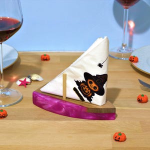 Porta tovaglioli in resina epossidica rosa perlato per Halloween e barca a vela in legno, porta carta velina nautica, regalo di inaugurazione della casa per decorazioni per la casa in stile costiero
