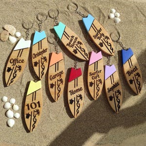 Custom Surfboard Keychain, Name Engraved Beach House Keyring, Boutique Hotel Room Key Holder, Summer Style Gift for Surfer Girl or Boy