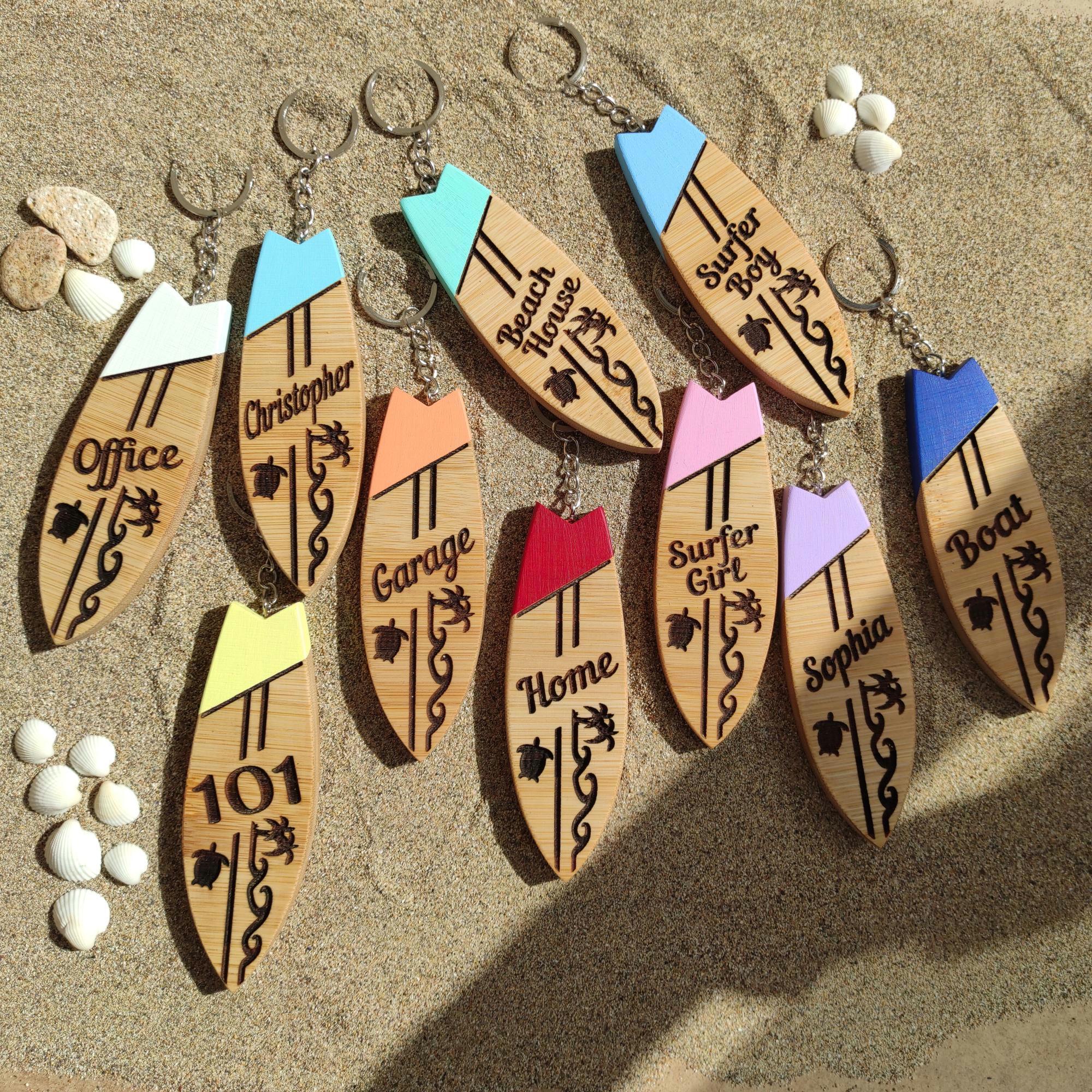 Custom Surfboard Keychain, Name Engraved Beach House Keyring, Boutique Hotel Room Key Holder, Summer Style Gift for Surfer Girl or Boy