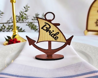 Nautical Bride and Groom Name Tags, Anchor & Sail Wood MDF Place Cards, Beach Wedding Table Names, Coastal Engagement Party Plate Name Decor