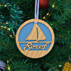 Custom Name Laser Cut Nautical Ornament, Personalized Wooden Sailboat Christmas Decoration, Coastal Holiday Tree Gift for Sailor Lovers