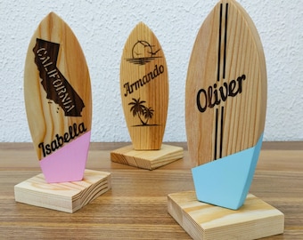 Personalized Mini Surfboard Trophy, Custom Wooden Surfboard Table Number, Beach Theme Name Sign Shelf Decor, Handmade Surfer Event Gift