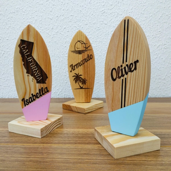 Personalized Mini Wood Surfboard, Engraved Coastal Home Decor, Custom Surfer Trophy