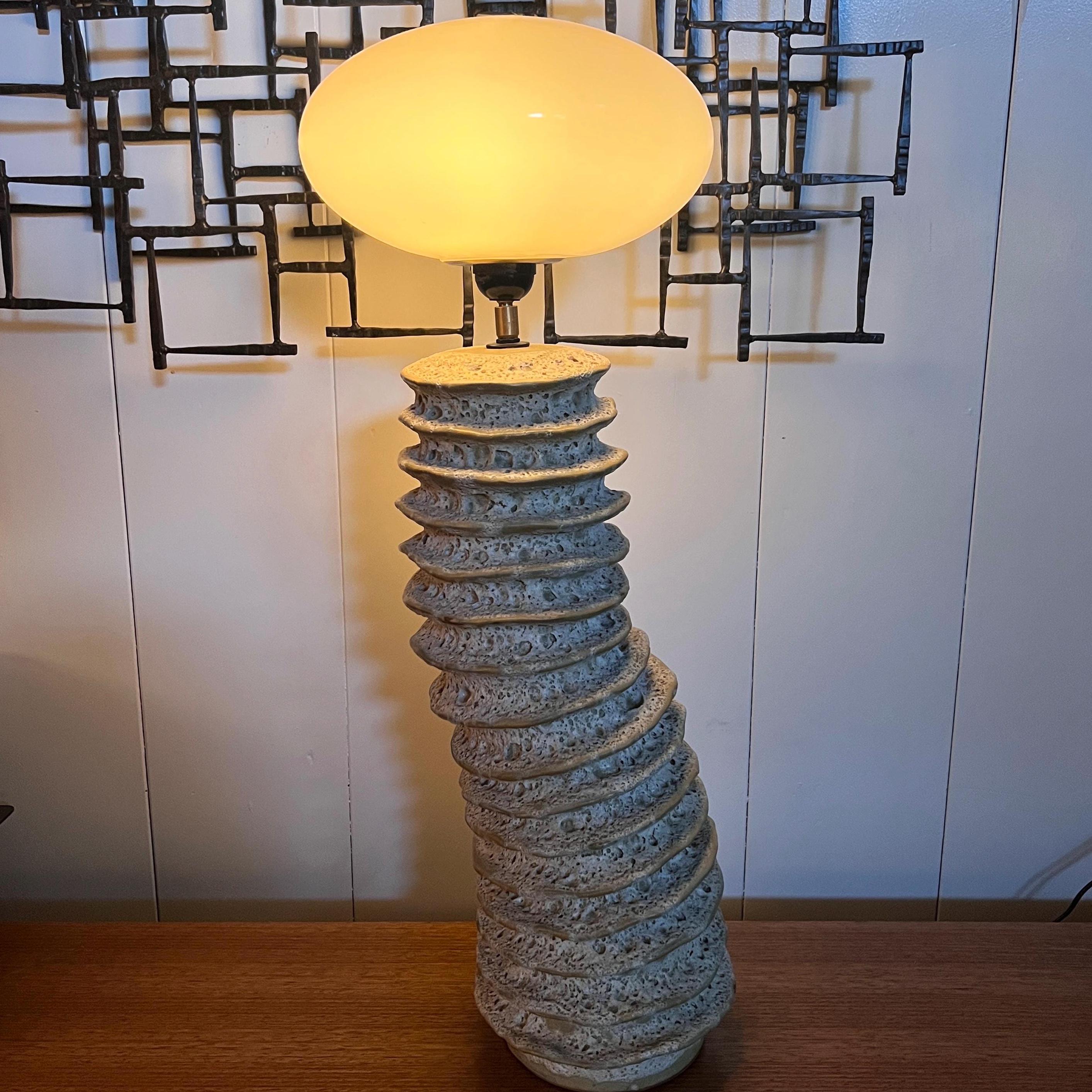 Vintage Sculptural Lava Glaze Table Lamp – Brutalist Ceramic Base with Mushroom Glass Shade – 27” Tall, Unique Mid Century Lighting,Retro