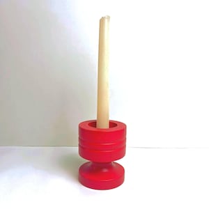 Vintage Red Modernist Wood Candle Holder – Mid-Century Turned Wood Taper Holder