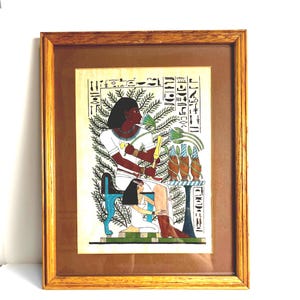 Framed Egyptian Papyrus Artwork – Ancient Scene with Hieroglyphics – 18”x14” Wall Art – Vintage Boho Decor