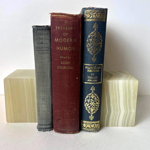 Vintage Onyx Bookends Pair: Mid-Century Modern Stone Decor