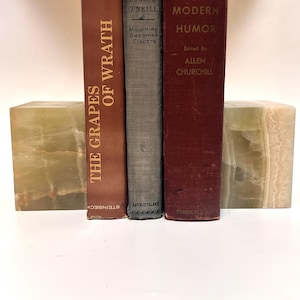 Vintage Onyx Bookends: Green Marble Geometric Cubes, Mid-Century Desk Decor