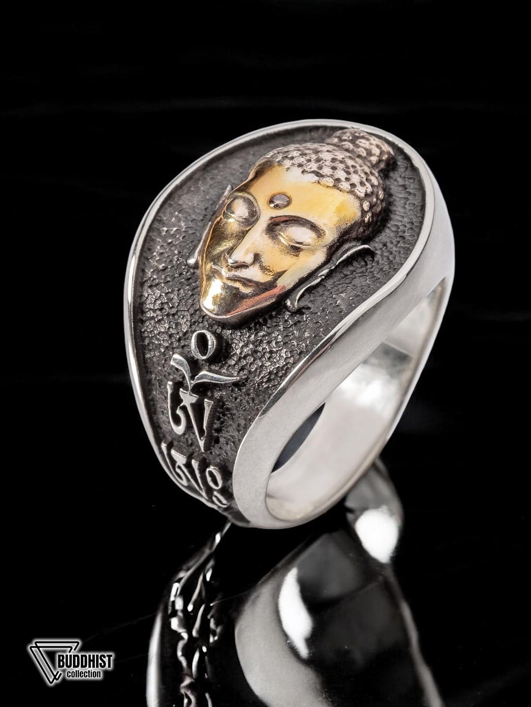 Sterling Silver Buddha Ring • Gold Face, Diamond Third Eye, Om