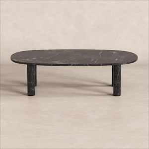 SquareCurve Black Marble Coffee Table, Rectangular Stone Living Room Table, Sculptural Modern Centerpiece