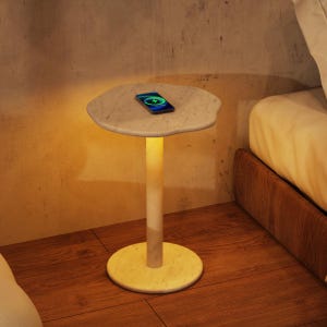 SunAura Marble Side Table | Marble End Table Travertine Table | Stone Coffee Table Wireless Charging Stone Table By OIXDESIGN