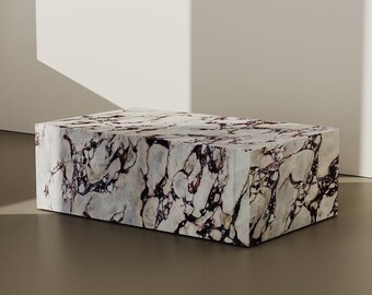 Altviool sokkel Calacatta altviool marmeren salontafel, rechthoekige stenen woonkamertafel, sculpturale plinttafel