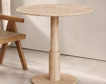Ronde eettafel van travertijn, massief stenen bistrotafel, handgemaakte keukenhoektafel