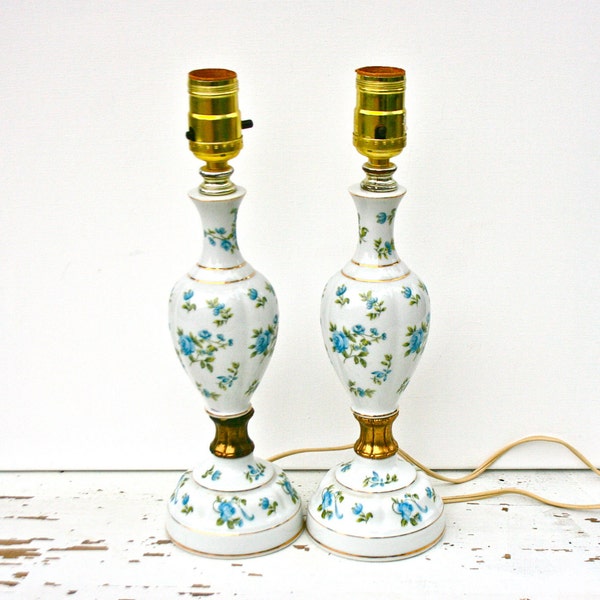 Pair of Vintage Porcelain Lamps with Delicate Blue Floral Designs - Made in Japan