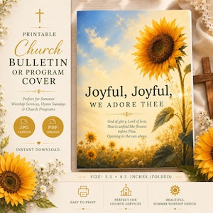 Printable Sunflower Church Bulletin Cover, Joyful Hymn Design (Digital Download)