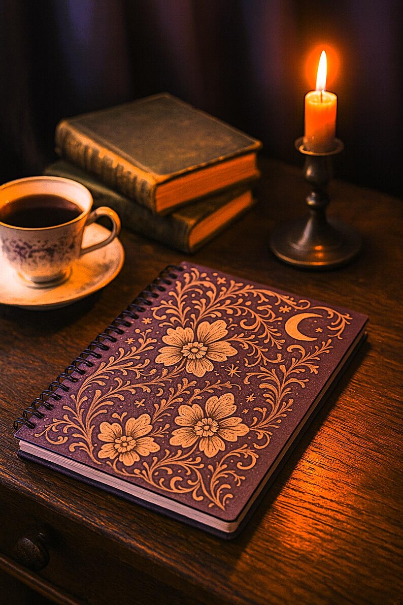 Silver Moon Floral Purple Faux Leather Notebook | Ruled Spiral Notebook ...