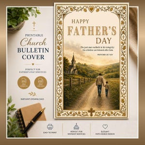 May include: A printable church bulletin cover featuring a Father's Day theme with a gold ornate border. The center image shows a parent and child walking on a dirt path toward a church. Text includes HAPPY FATHER'S DAY and PROVERBS 20:7 KJV.