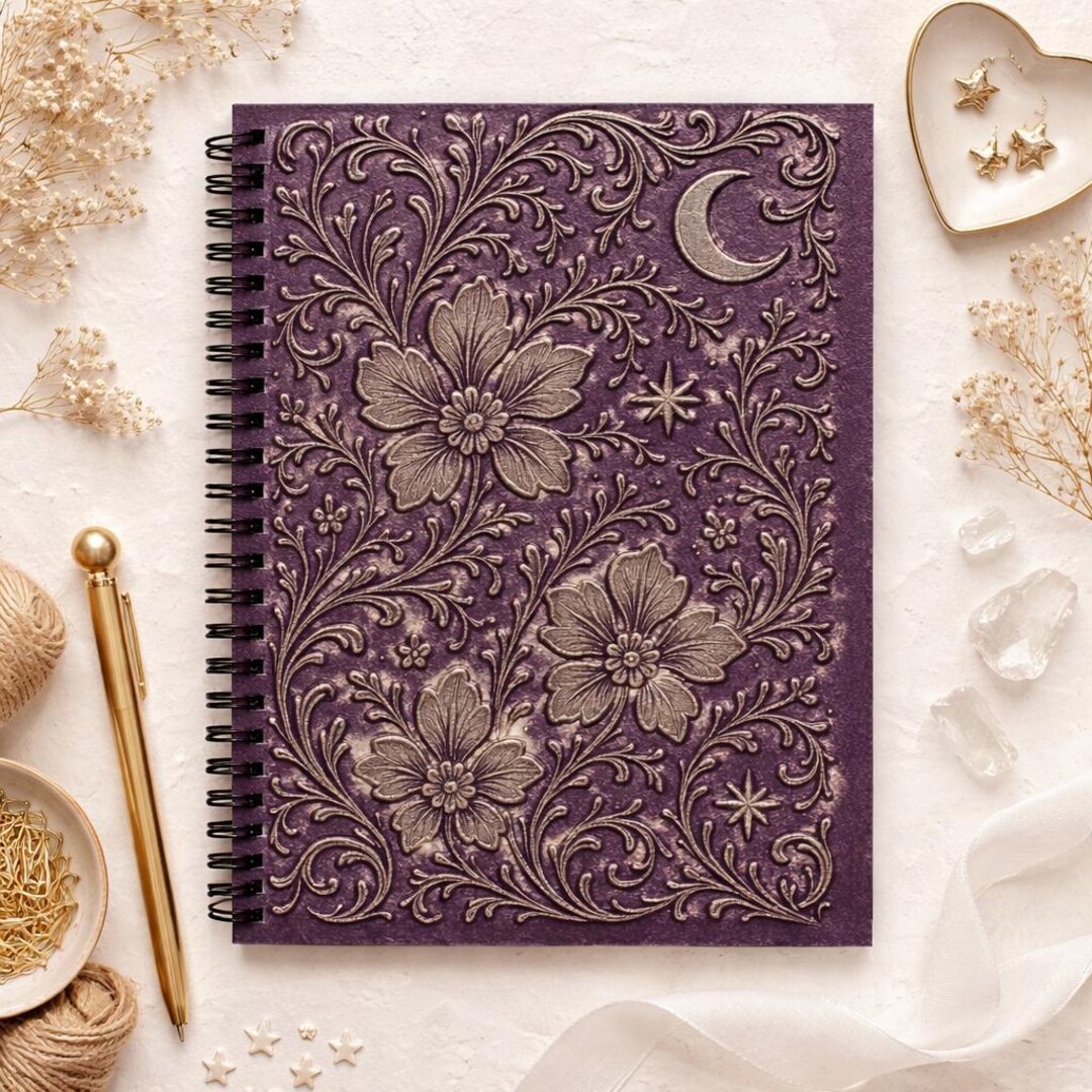 Silver Moon Floral Purple Faux Leather Notebook | Ruled Spiral Notebook ...