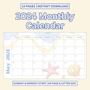 2024 Calendar Monthly Beach Themed Aesthetic Template Printable PDF