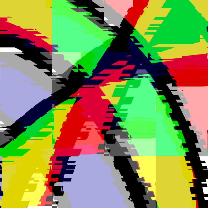 Op de afbeelding: Abstract geometrisch patroon met overlappende vormen in rood, groen, geel, blauw, roze en zwart. De vormen zijn gelaagd en cre&euml;ren een gevoel van diepte en beweging.