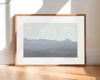 Impresión de arte digital de paisaje de montaña y cielo, decoración imprimible de montaña minimalista, arte mural de decoración del hogar azul, pintura de cielo de montaña, arte