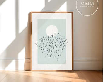 May include: A minimalist art print featuring a flock of birds flying in a circular pattern around a white circle on a light blue background.